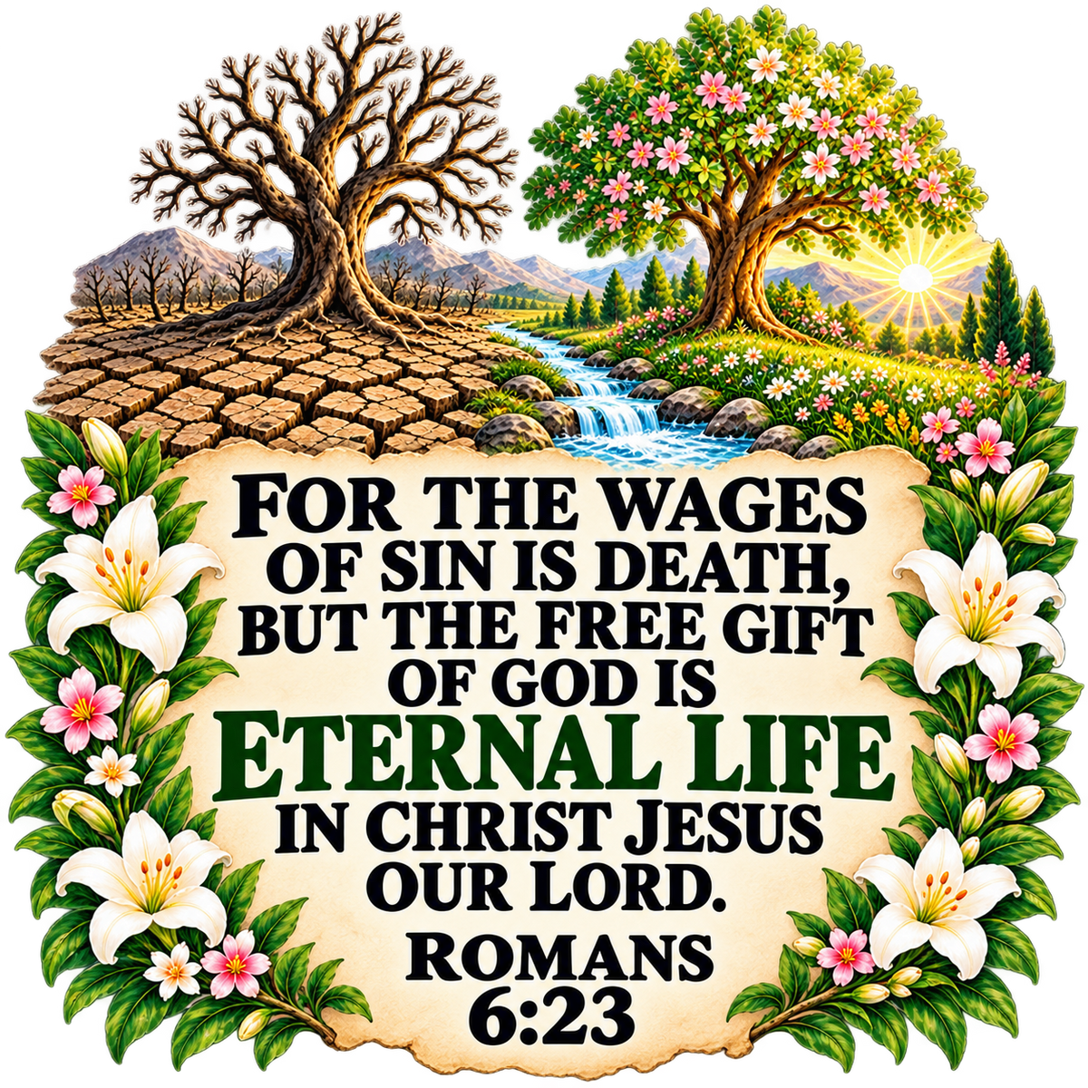 Eternal Life: Death and Life Tree Sticker - Romans 6:23