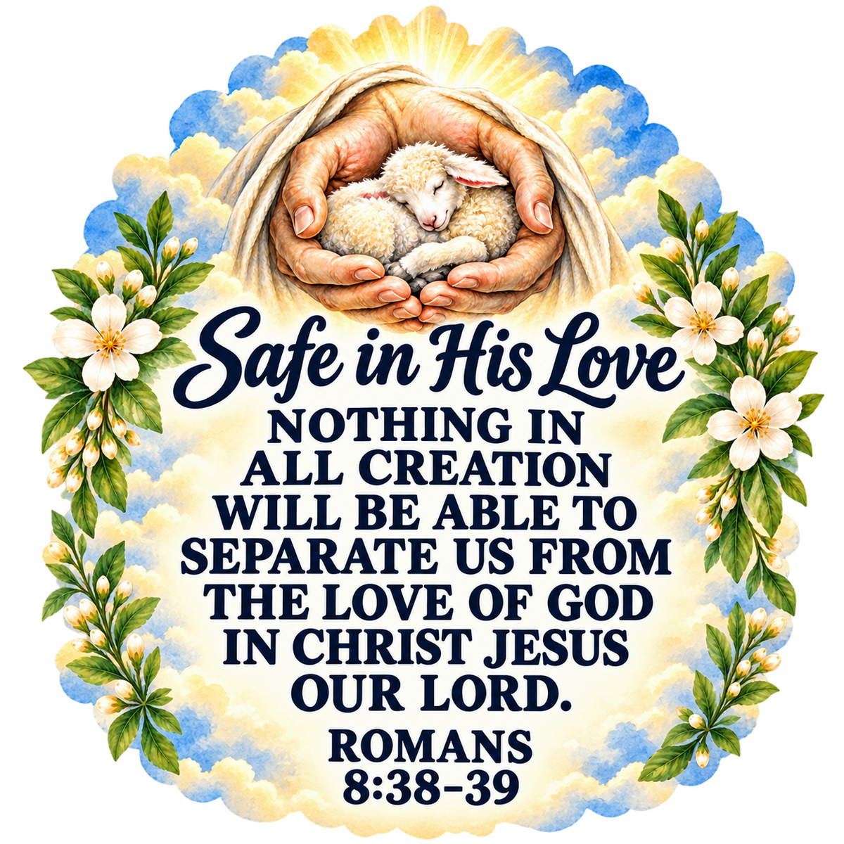 Safe in His Love Lamb Sticker - Romans 8:38–39