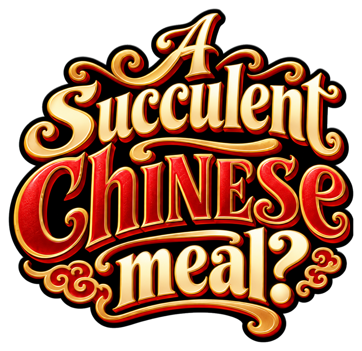 A Succulent Chinese meal? in ornate red and gold lettering with scrolling flourishes and a question mark.