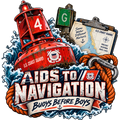 Aids to Navigation Buoys Before Boys sticker with a red navigation buoy, green marker, nautical chart, rope and waves