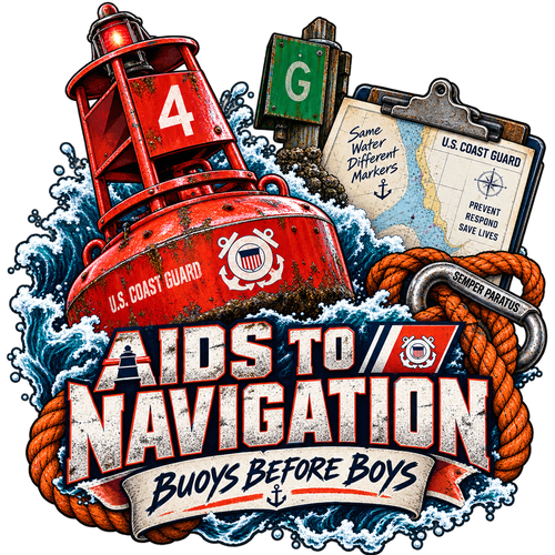 Aids to Navigation Buoys Before Boys sticker with a red navigation buoy, green marker, nautical chart, rope and waves