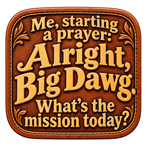 Brown tooled-leather-effect sticker reading Me, starting a prayer: Alright, Big Dawg. What’s the mission today?