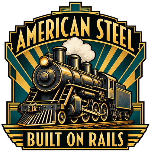 American Steel Built on Rails sticker with a vintage steam locomotive in green and gold