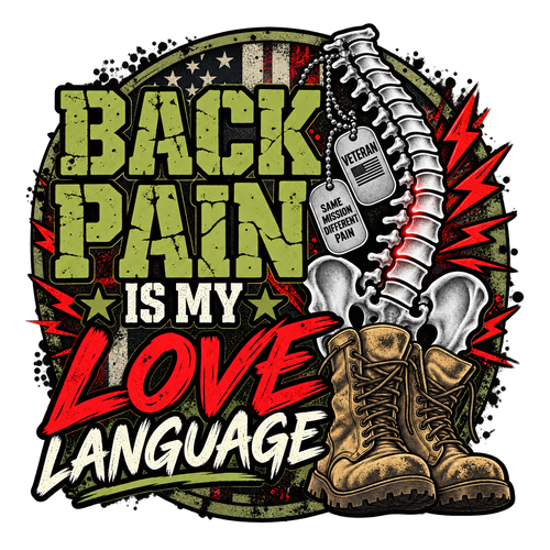 Back Pain Is My Love Language with a spine, combat boots, dog tags and red lightning