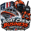 Boat Crew Business Throttles Up sticker with orange rescue gear, a crew member, handheld radio and response boat