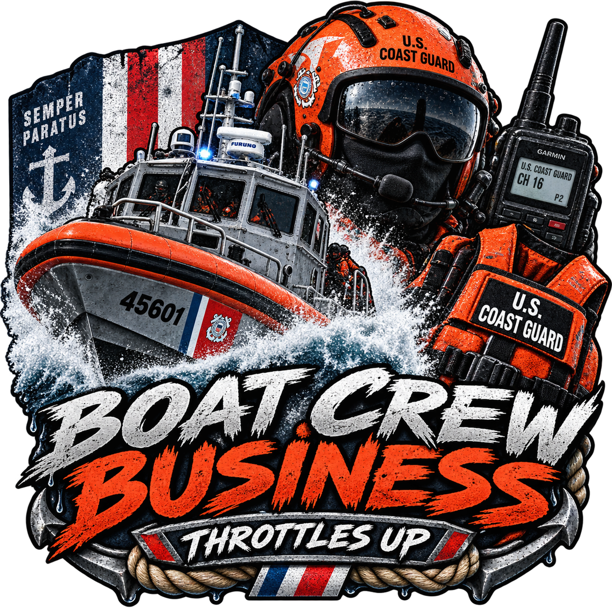 Boat Crew Business Throttles Up sticker with orange rescue gear, a crew member, handheld radio and response boat