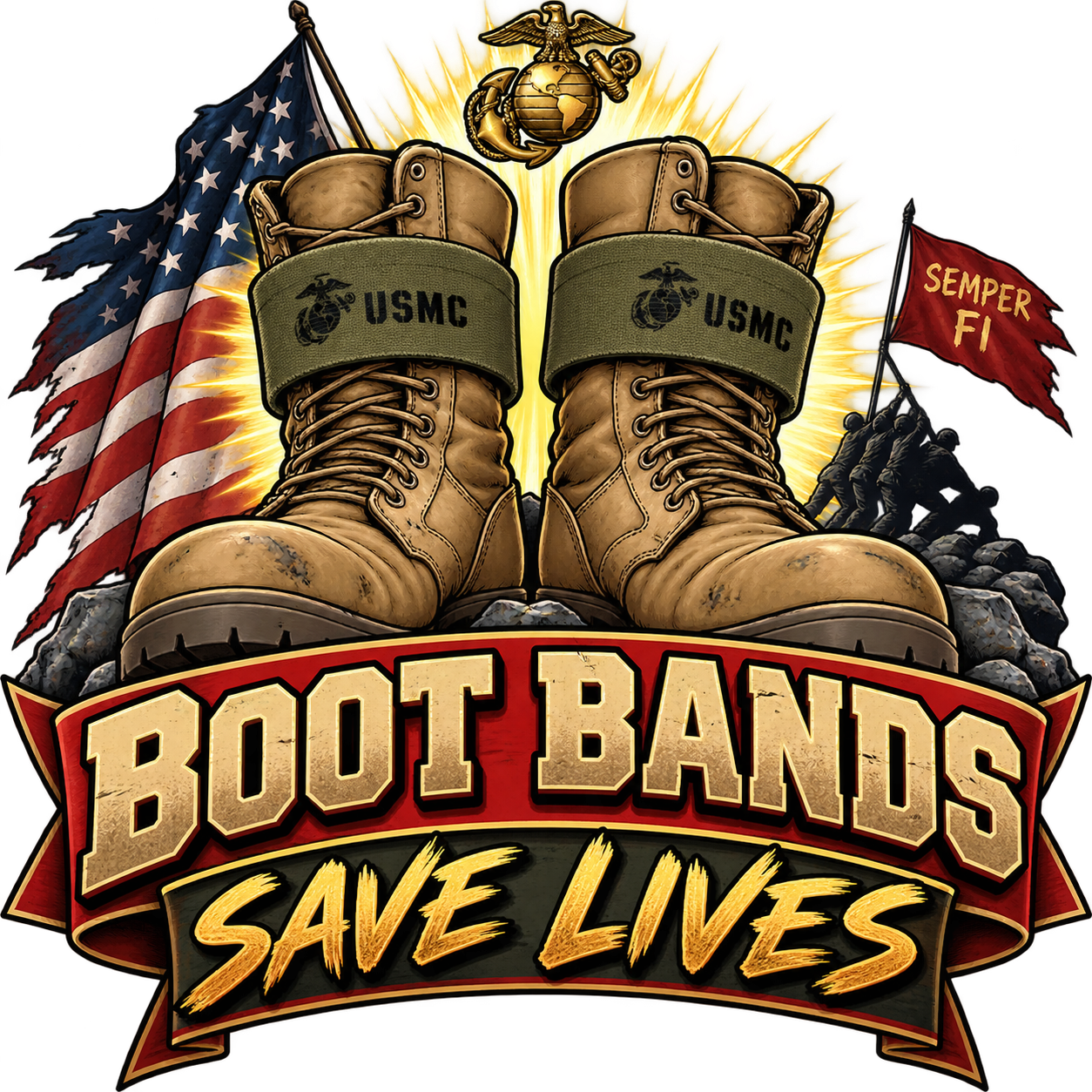 Boot Bands Save Lives USMC inside joke sticker with combat boots and boot bands
