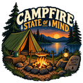 Campfire State of Mind camping sticker with tent, fish over fire and sunset lake