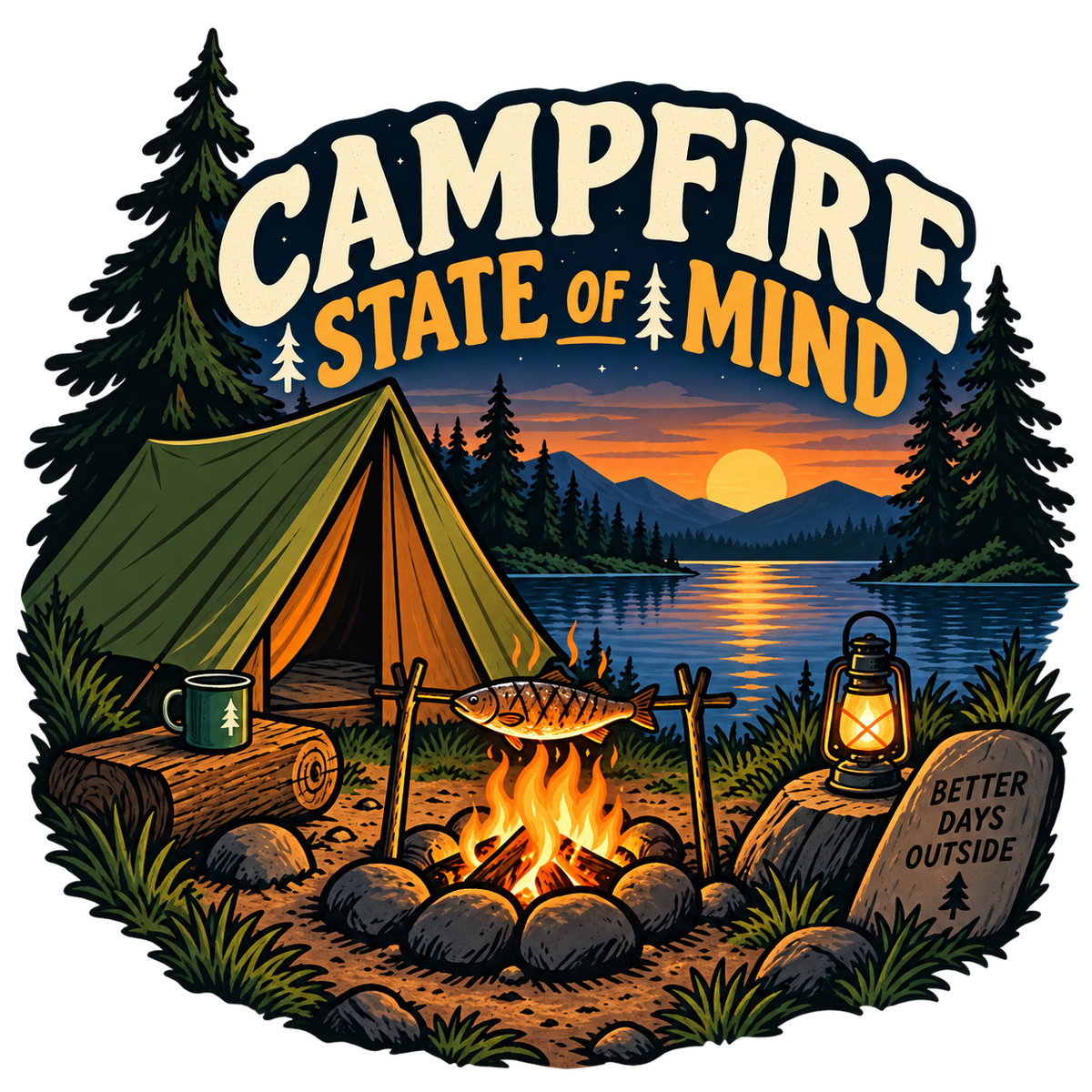 Campfire State of Mind camping sticker with tent, fish over fire and sunset lake