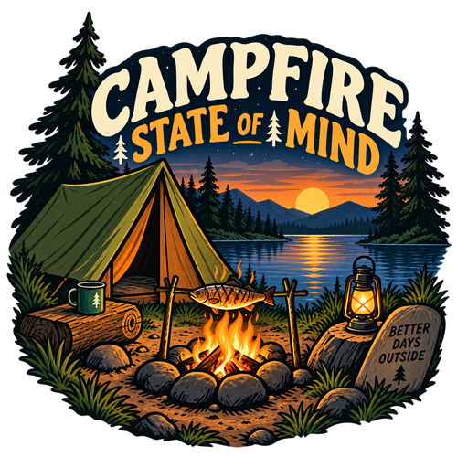 Campfire State of Mind camping sticker with tent, fish over fire and sunset lake