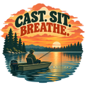 Cast Sit Breathe fishing sticker with a small boat on a calm sunset lake