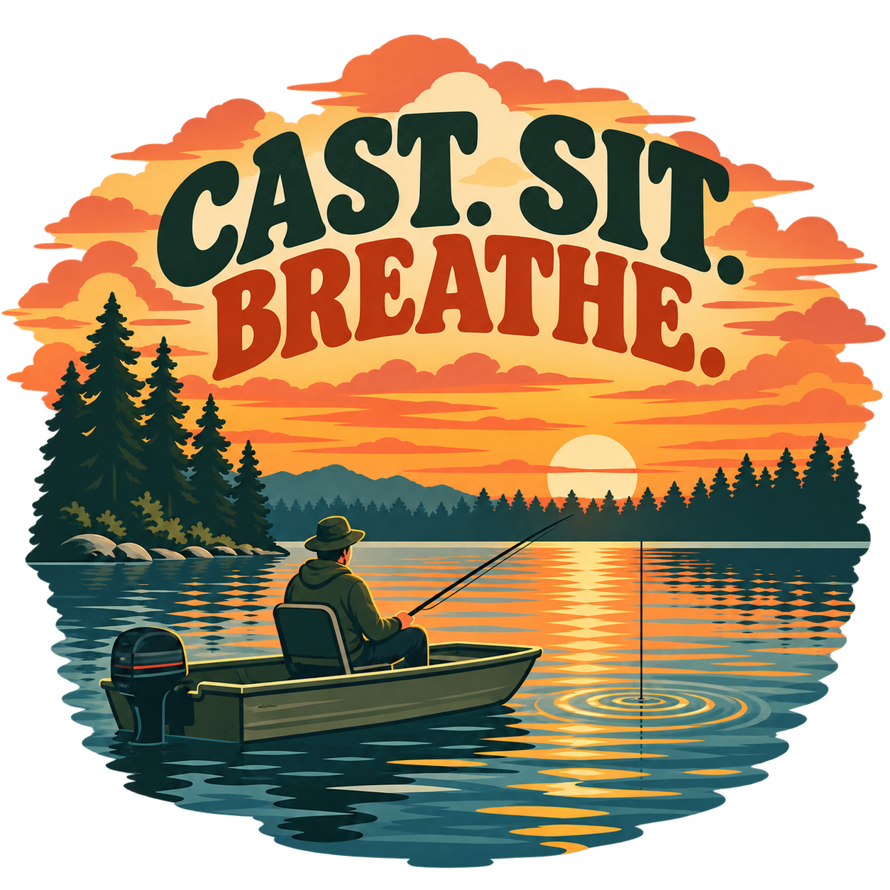 Cast Sit Breathe fishing sticker with a small boat on a calm sunset lake