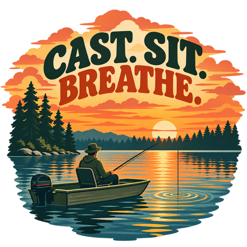 Cast Sit Breathe fishing sticker with a small boat on a calm sunset lake