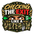 Checking the Exit Like a Veteran with watchful cartoon eyes, green exit arrows and dog tags