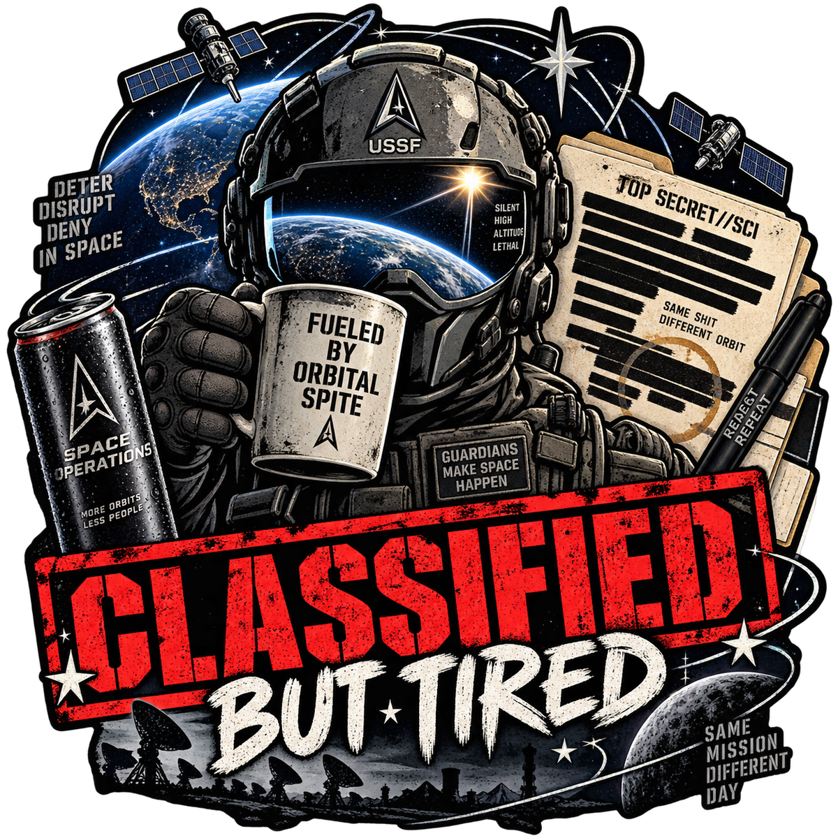 Classified But Tired sticker with an astronaut-style operator holding coffee beside a redacted folder and red lettering