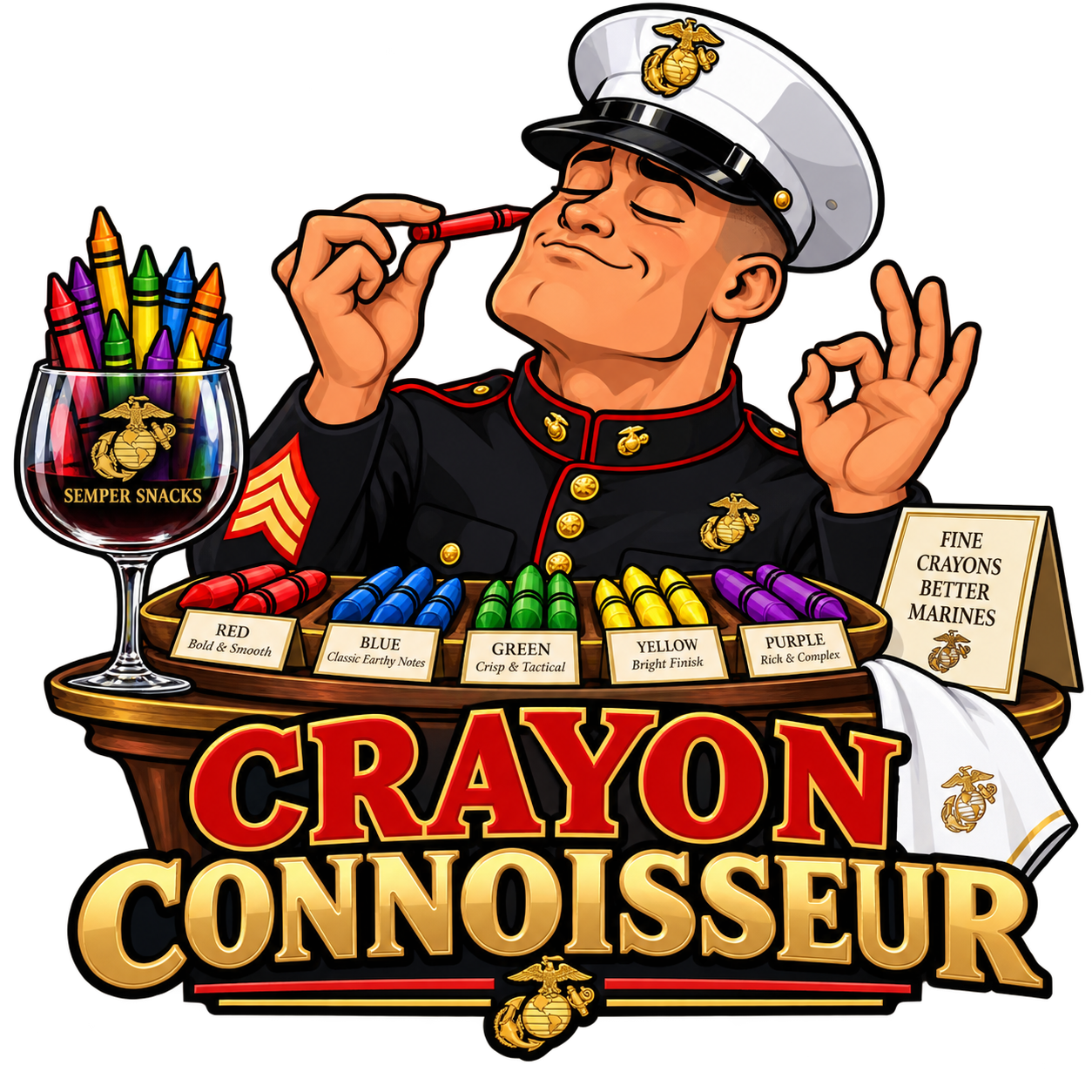 Crayon Connoisseur Marine Corps humor sticker with Marine tasting crayons