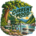 Current Mood creekside sticker with folding chair, tackle box and mountain stream
