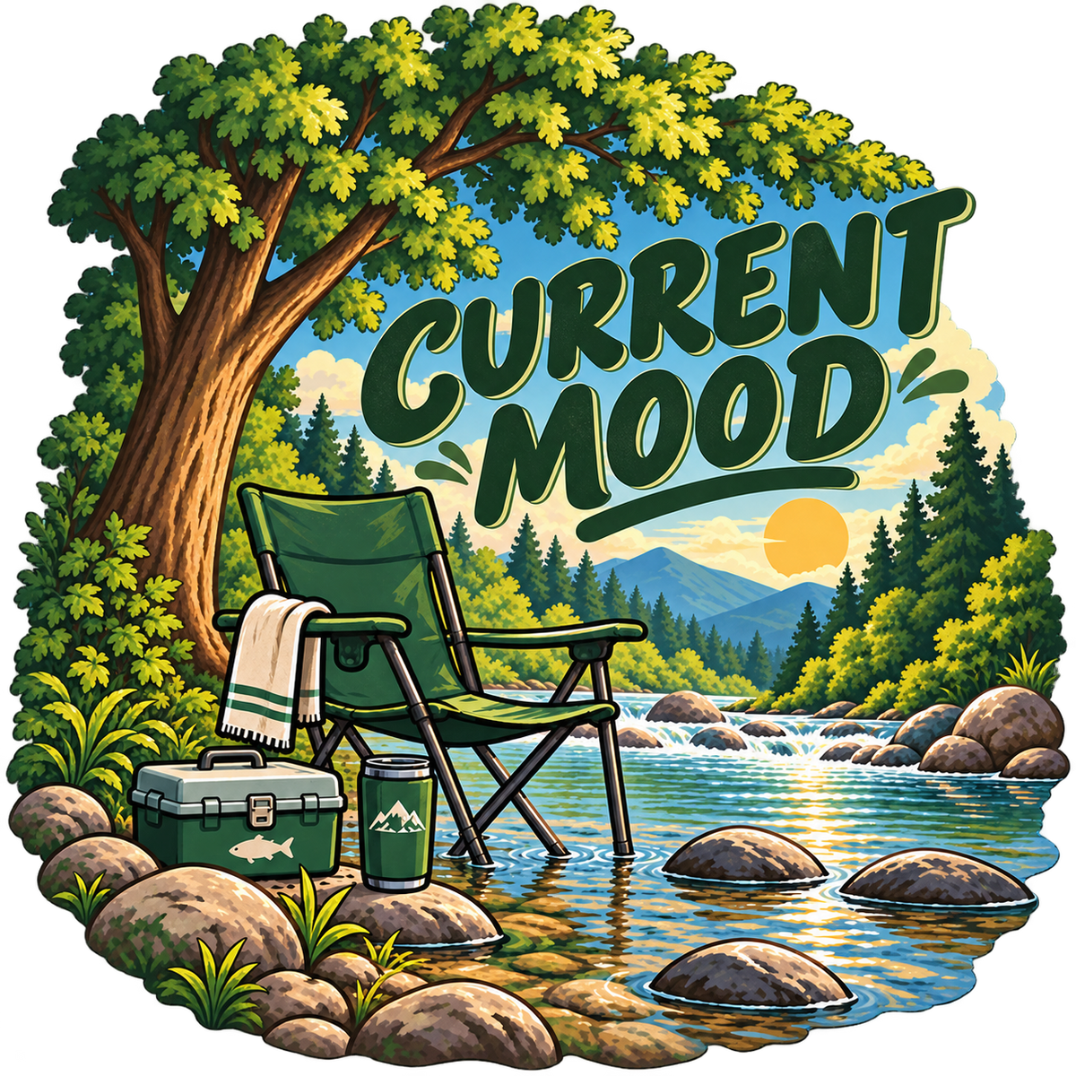 Current Mood creekside sticker with folding chair, tackle box and mountain stream