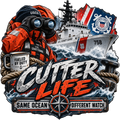 Cutter Life Same Ocean Different Watch sticker with a lookout in orange foul-weather gear, binoculars, cutter and coffee mug