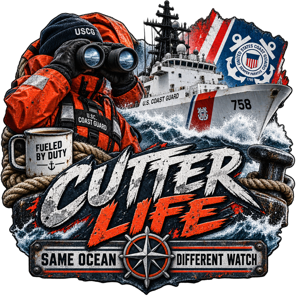 Cutter Life Same Ocean Different Watch sticker with a lookout in orange foul-weather gear, binoculars, cutter and coffee mug