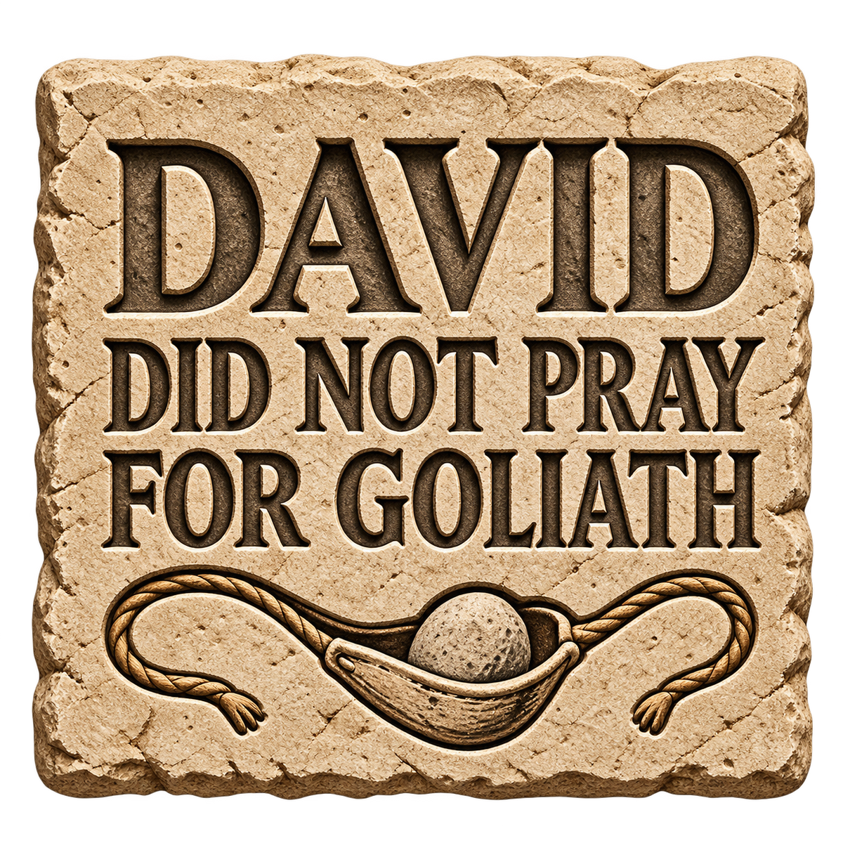 Sandstone-effect sticker reading David did not pray for Goliath above an illustrated shepherd’s sling and stone.