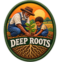 Embroidery-style oval illustration of an older farmer and a young child planting a sapling at sunset above Deep Roots and a branching root system.