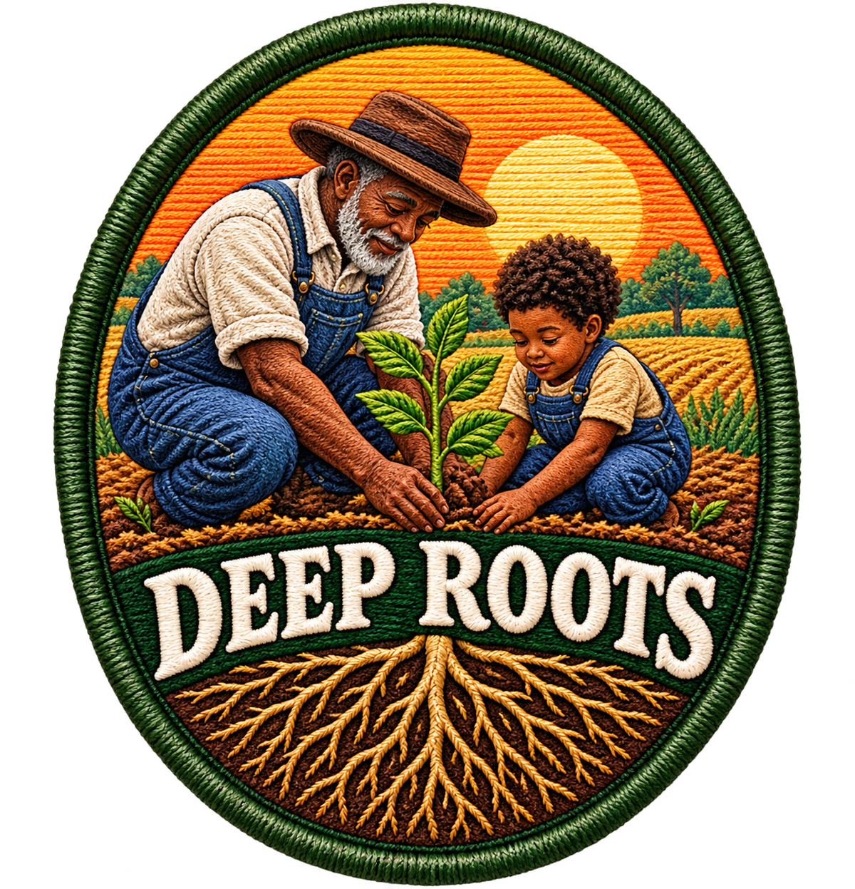 Embroidery-style oval illustration of an older farmer and a young child planting a sapling at sunset above Deep Roots and a branching root system.