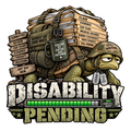 Disability Pending with a weary helmeted turtle carrying claim paperwork and a progress bar
