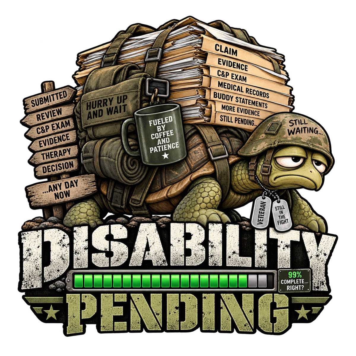Disability Pending with a weary helmeted turtle carrying claim paperwork and a progress bar