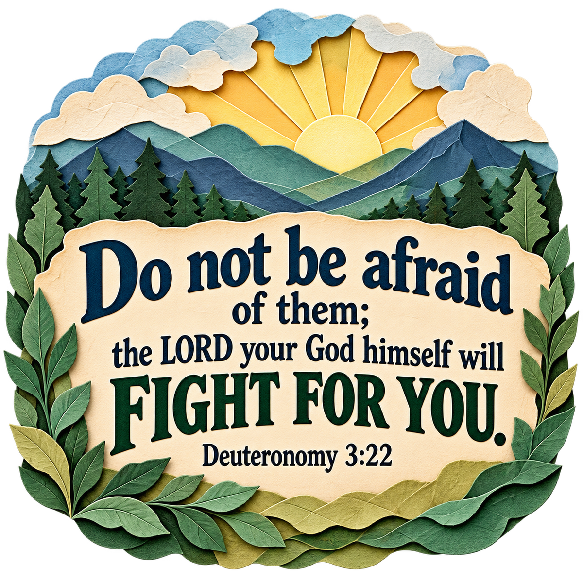 Paper-cut-style mountains and sunrise surrounding Do not be afraid of them; the LORD your God himself will fight for you, Deuteronomy 3:22.