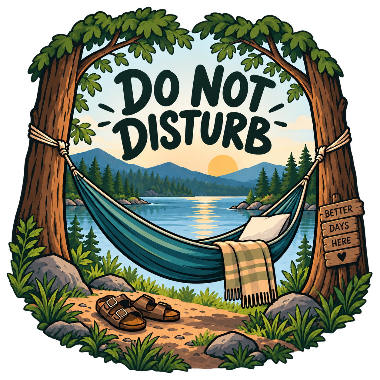 Do Not Disturb hammock sticker with peaceful lake and mountain sunset
