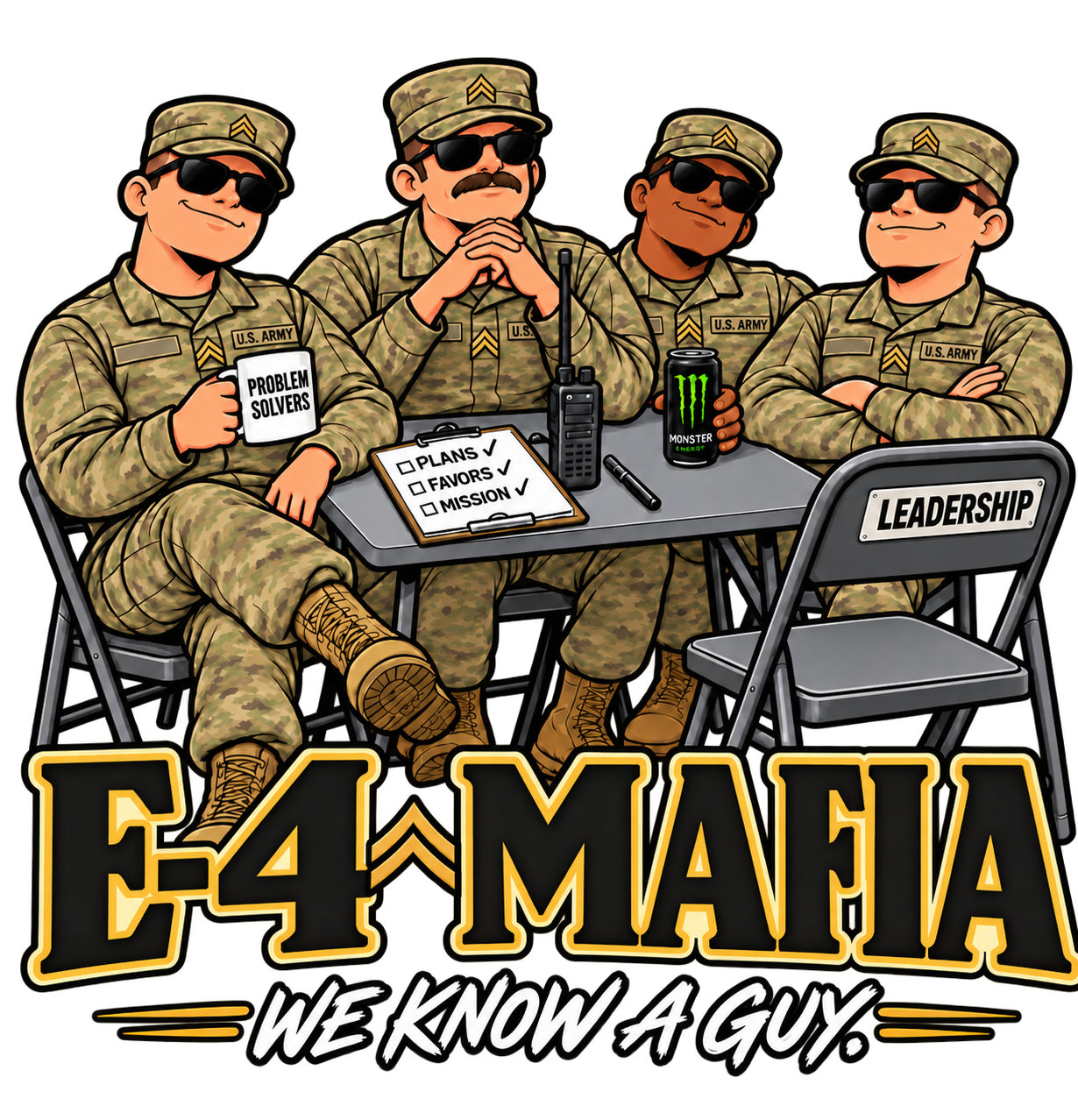 E-4 Mafia We Know a Guy Army humor sticker