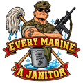 Every Marine a Janitor USMC humor sticker with Marine, mop, bucket and rifle