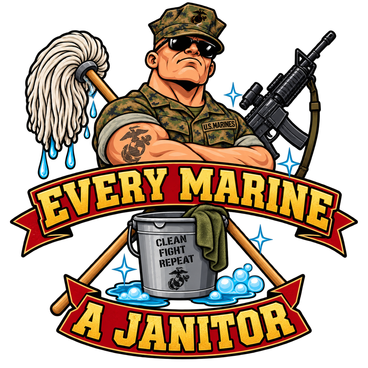 Every Marine a Janitor USMC humor sticker with Marine, mop, bucket and rifle