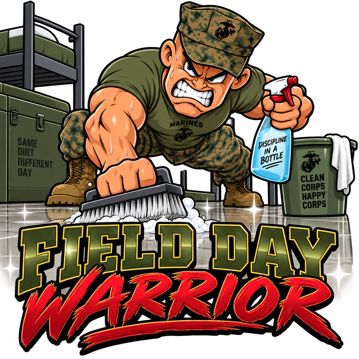 Field Day Warrior USMC humor sticker with Marine scrubbing barracks floor