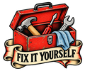 Fix It Yourself sticker featuring an open red toolbox with hand tools and a blue rag