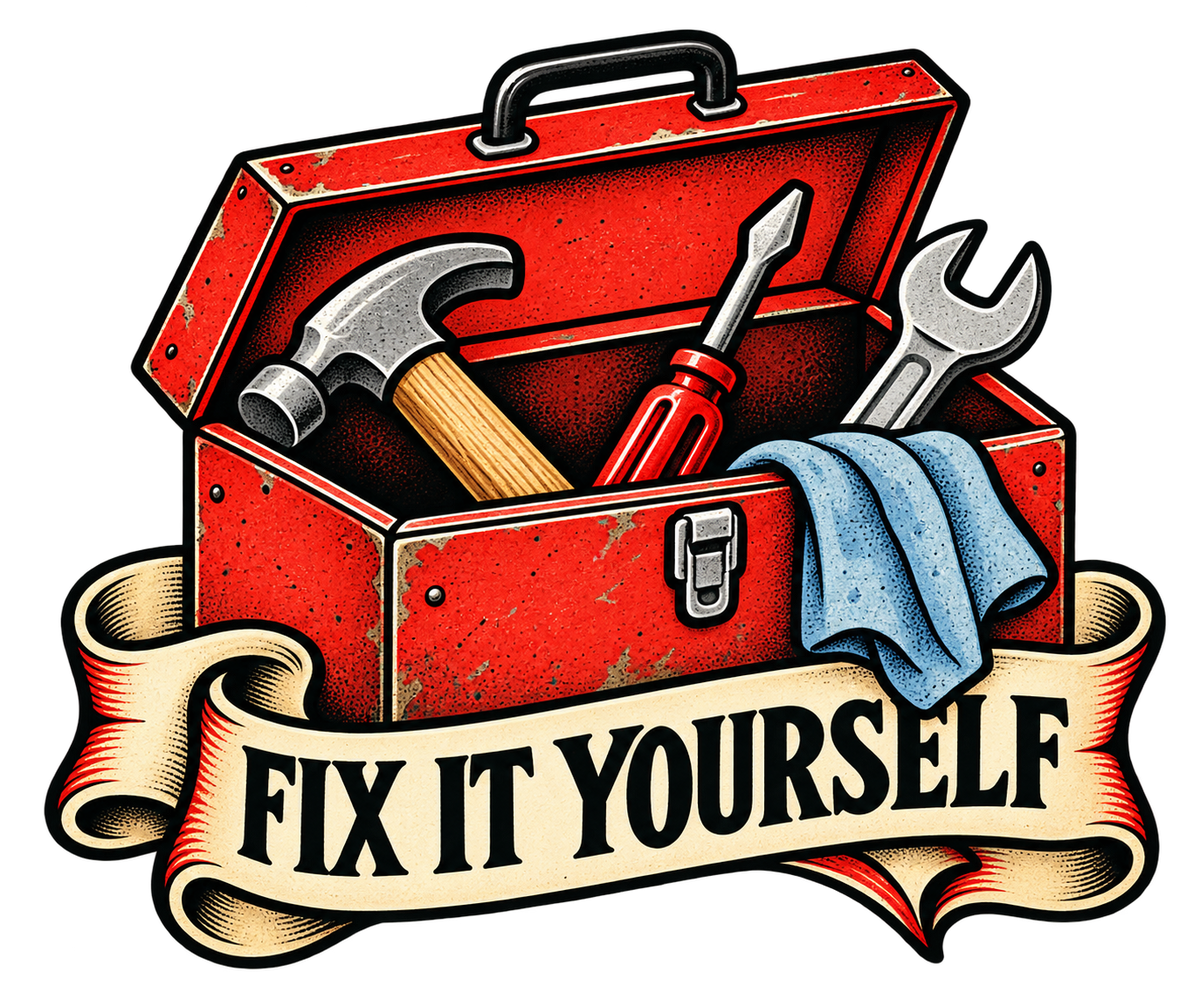Fix It Yourself sticker featuring an open red toolbox with hand tools and a blue rag