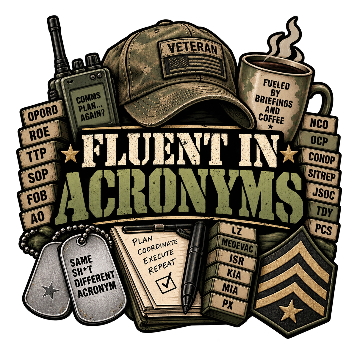Fluent in Acronyms with a veteran cap, radio, coffee, dog tags and military abbreviation labels