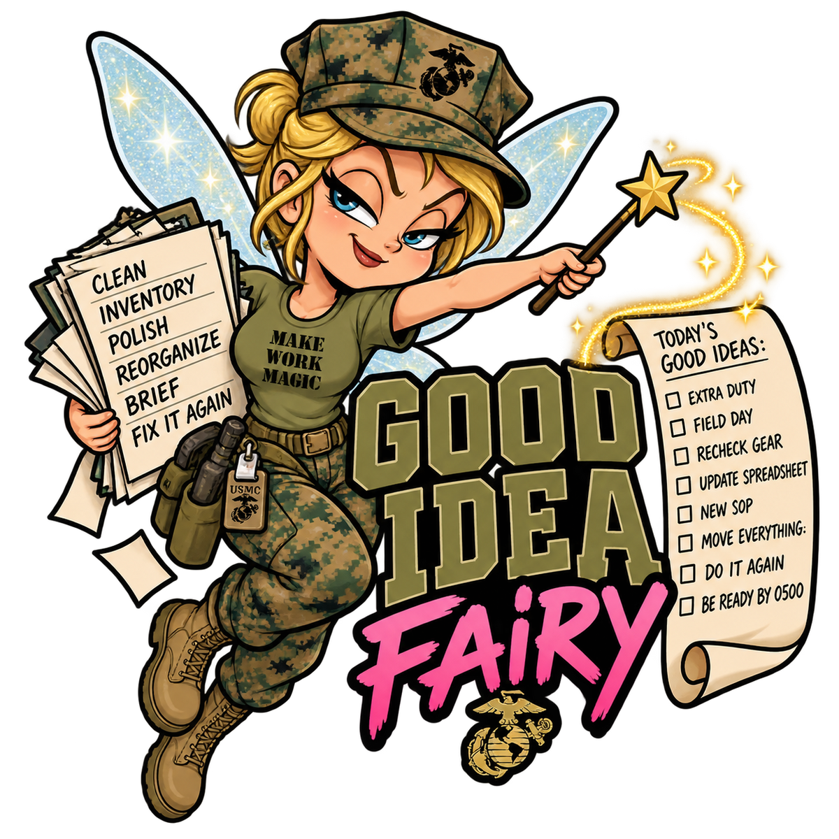 Good Idea Fairy USMC military humor sticker creating extra duties and field day tasks