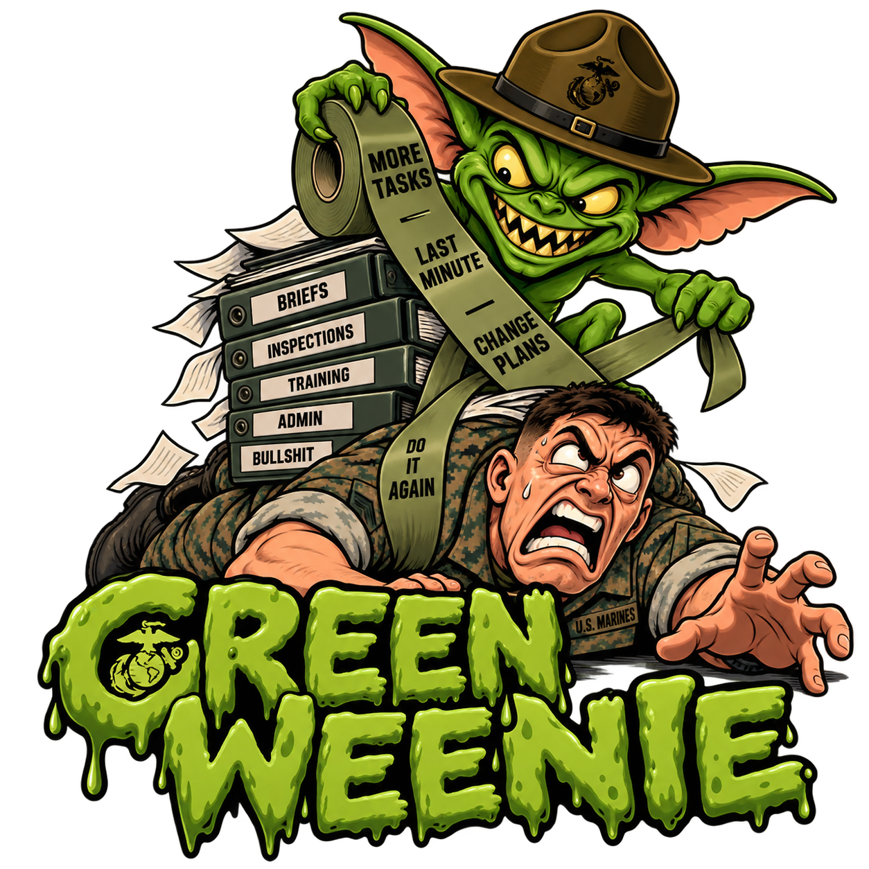 Green Weenie USMC military humor sticker with Marine and endless task gremlin