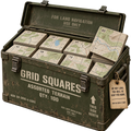 Grid Squares land navigation joke sticker with a crate full of topographic map squares