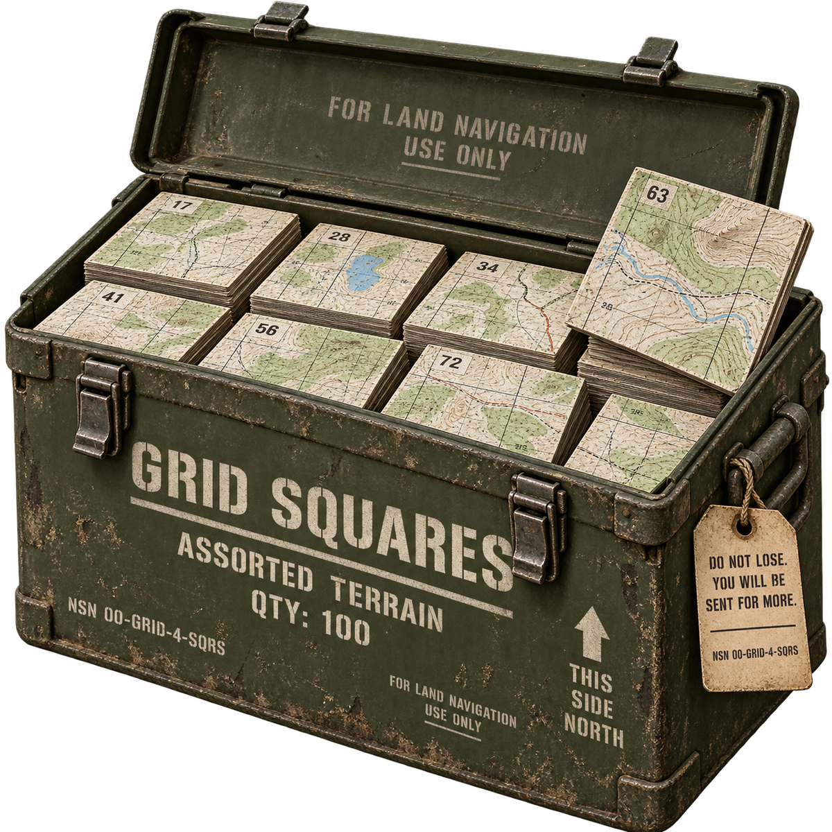 Grid Squares land navigation joke sticker with a crate full of topographic map squares