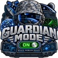 Guardian Mode On sticker with a futuristic helmet, blue operations monitors and a bright green on switch