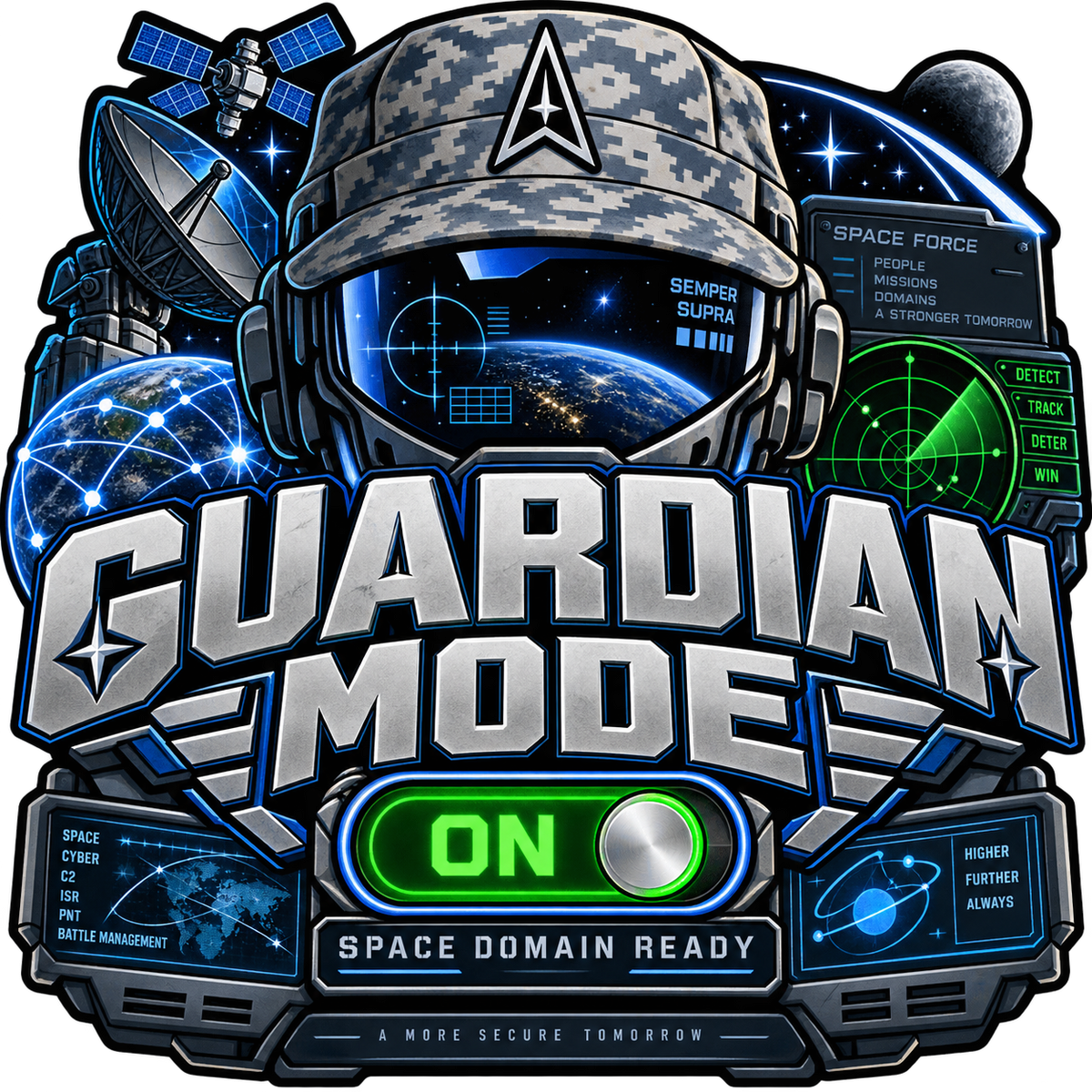 Guardian Mode On sticker with a futuristic helmet, blue operations monitors and a bright green on switch