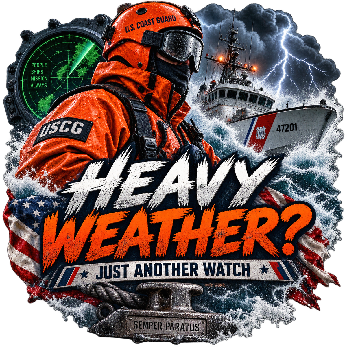 Heavy Weather Just Another Watch sticker with an orange-clad boat crew member, storm waves, lightning and a rescue vessel