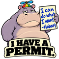 Hobart, a purple hippo in a propeller hat, holds a handwritten sign reading I can do what I want — Hobart above I Have a Permit.
