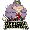 Hobart, a deadpan purple hippo in a colorful propeller hat, rides a tiny red tricycle above the words Official Business.