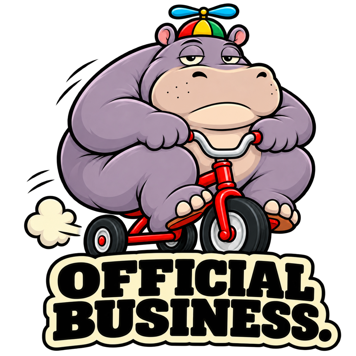 Hobart, a deadpan purple hippo in a colorful propeller hat, rides a tiny red tricycle above the words Official Business.