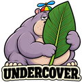 Hobart, a deadpan purple hippo wearing a propeller hat, attempts to hide behind one green leaf above the word Undercover.