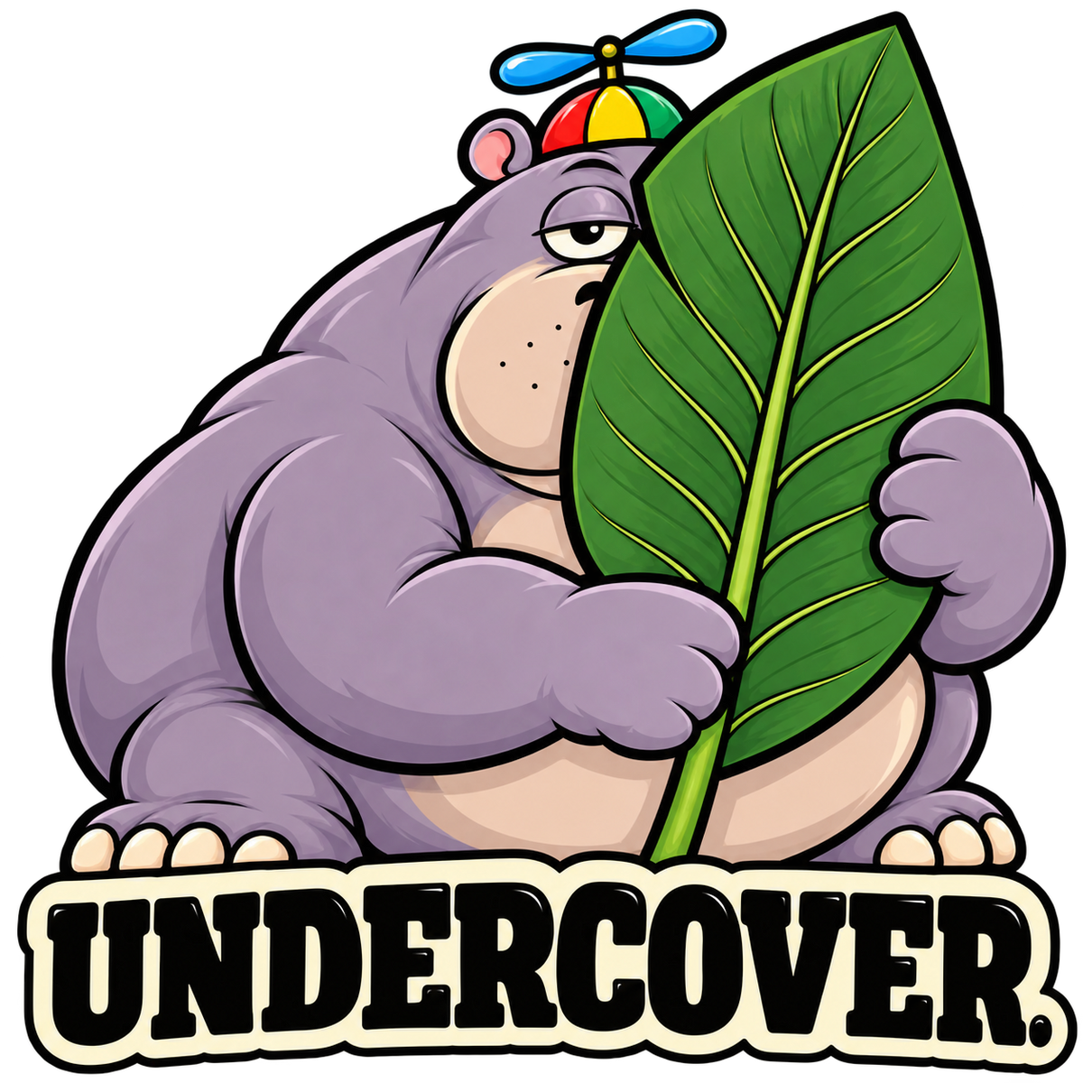 Hobart, a deadpan purple hippo wearing a propeller hat, attempts to hide behind one green leaf above the word Undercover.